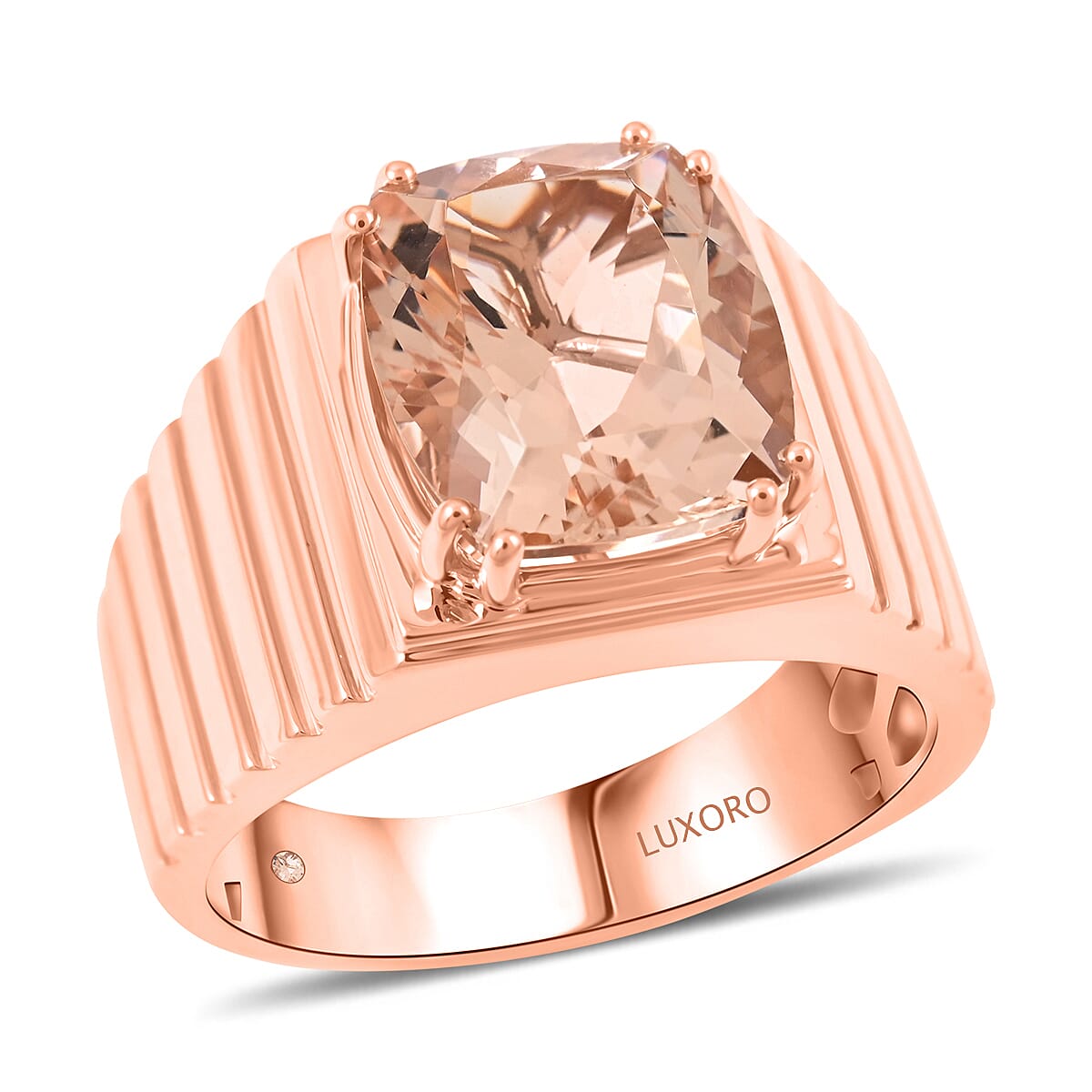 Luxoro 10K Rose Gold AAA Marropino Morganite and G-H I2 Diamond Men's Ring (Size 12.0) 8.15 Grams 4.65 ctw image number 0