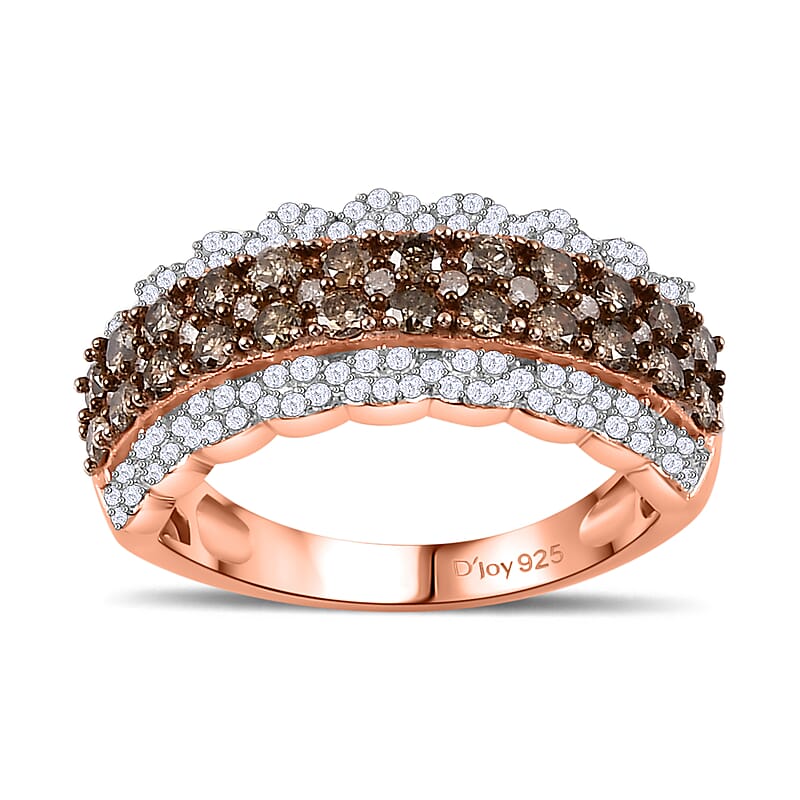 Natural Champagne and White Diamond Ring in Vermeil Rose Gold Over Sterling Silver (Size 10.0) 1.00 ctw