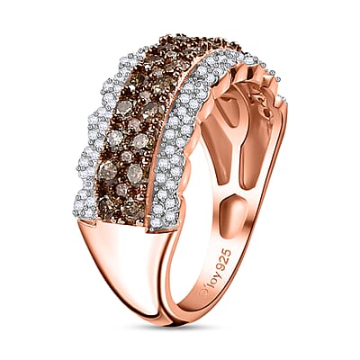 Natural Champagne and White Diamond Ring in Vermeil Rose Gold Over Sterling Silver (Size 10.0) 1.00 ctw
