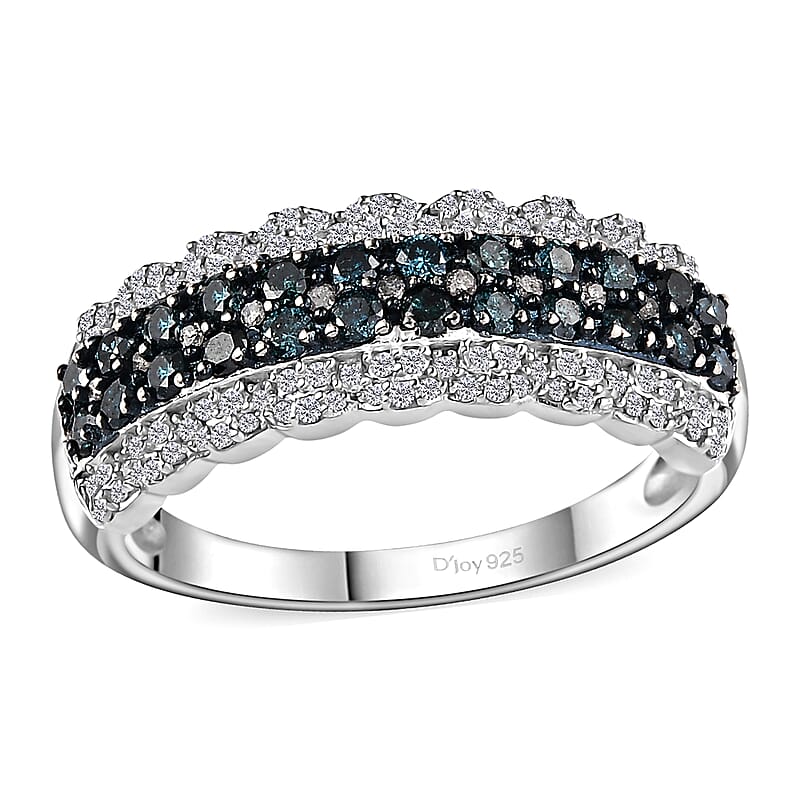 Blue and White Diamond Ring in Platinum Over Sterling Silver (Size 10.0) 1.00 ctw