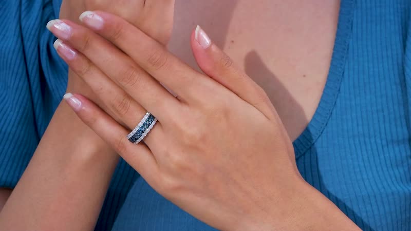 Blue and White Diamond Ring in Platinum Over Sterling Silver 1.00 ctw