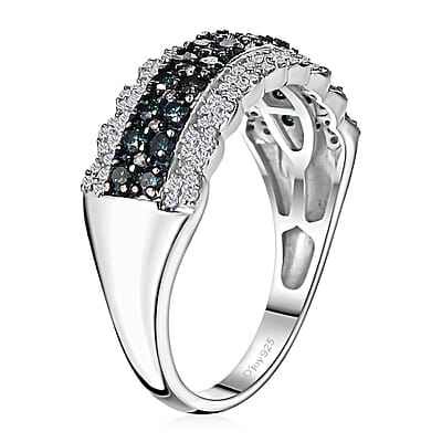 Blue and White Diamond Ring in Platinum Over Sterling Silver (Size 10.0) 1.00 ctw
