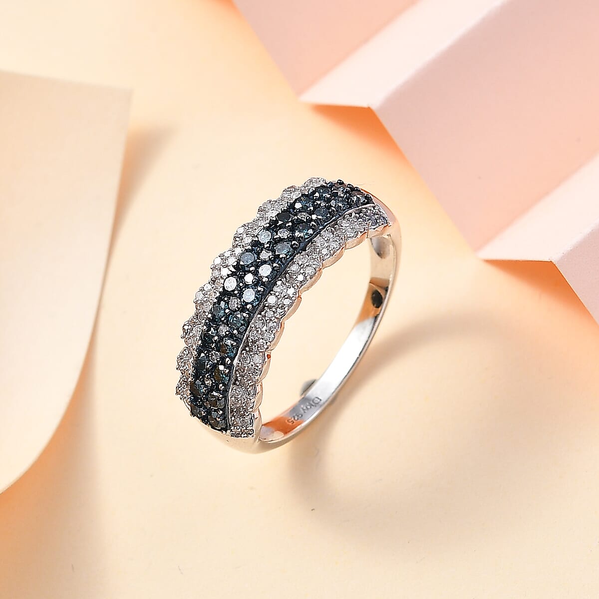 Blue and White Diamond Ring in Platinum Over Sterling Silver (Size 8.0) 1.00 ctw image number 1