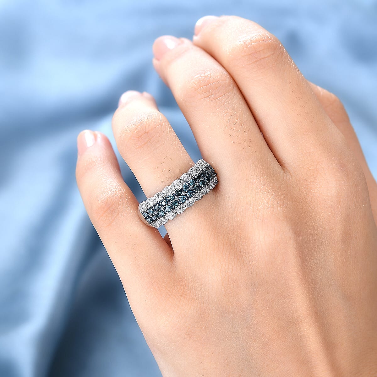 Blue and White Diamond Ring in Platinum Over Sterling Silver (Size 8.0) 1.00 ctw image number 2