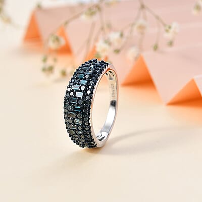 Doorbuster Blue Diamond (IR) Ring in Platinum Over Sterling Silver (Size 10.0) 1.00 ctw