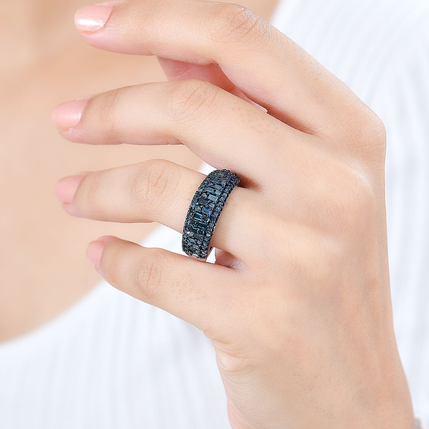 Doorbuster Blue Diamond (IR) Ring in Platinum Over Sterling Silver (Size 10.0) 1.00 ctw