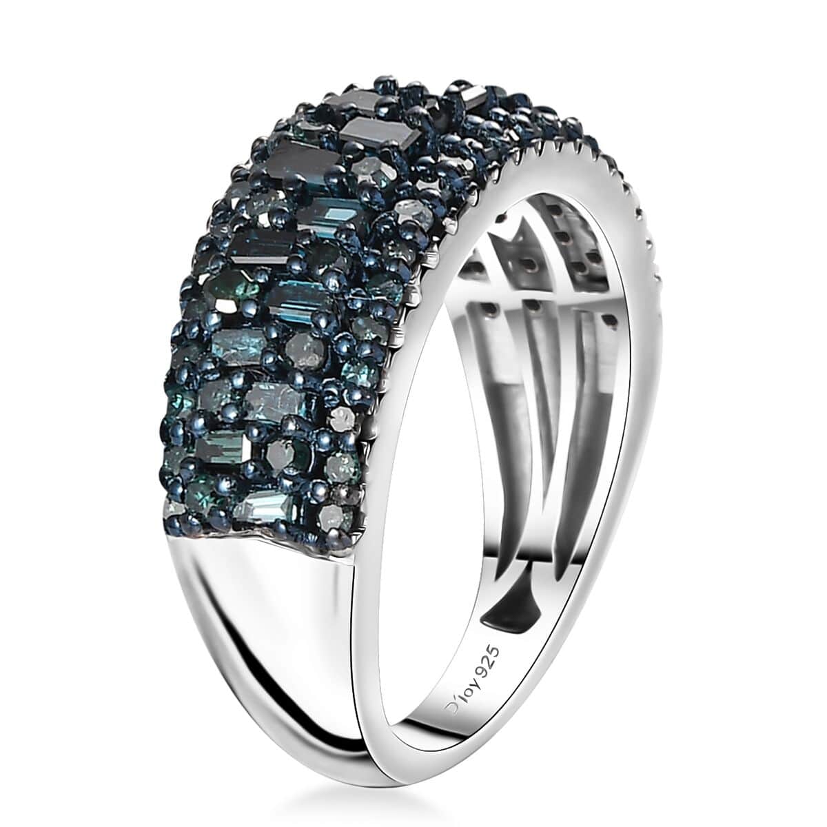 Blue Diamond Cluster Ring in Platinum Over Sterling Silver (Size 10.0) 1.00 ctw image number 3