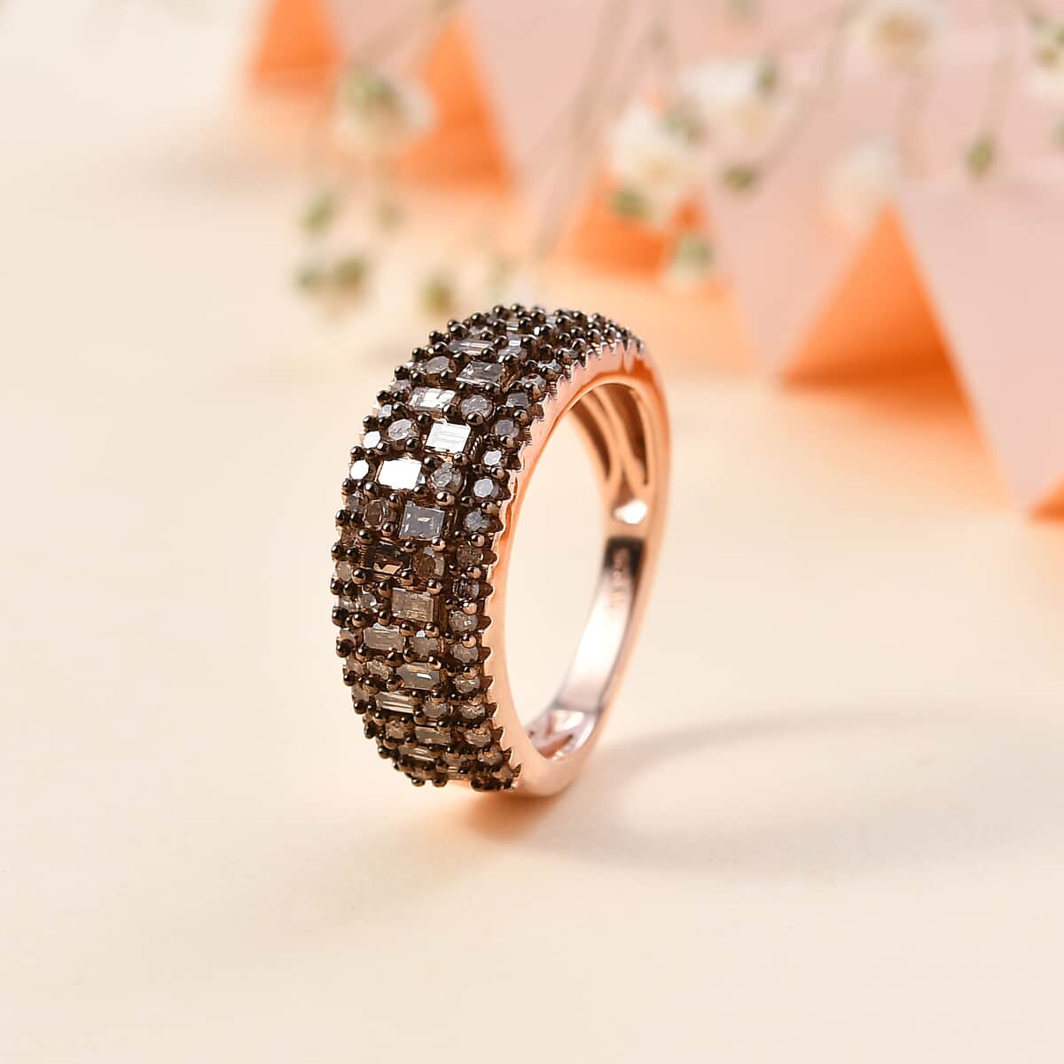 Natural Champagne Diamond Cluster Ring in Vermeil Rose Gold Over Sterling Silver (Size 10.0) 1.00 ctw image number 1