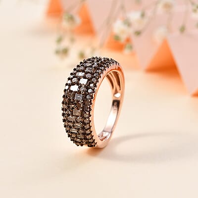 Natural Champagne Diamond Cluster Ring in Vermeil Rose Gold Over Sterling Silver (Size 8.0) 1.00 ctw
