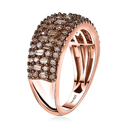 Natural Champagne Diamond Cluster Ring in Vermeil Rose Gold Over Sterling Silver (Size 8.0) 1.00 ctw