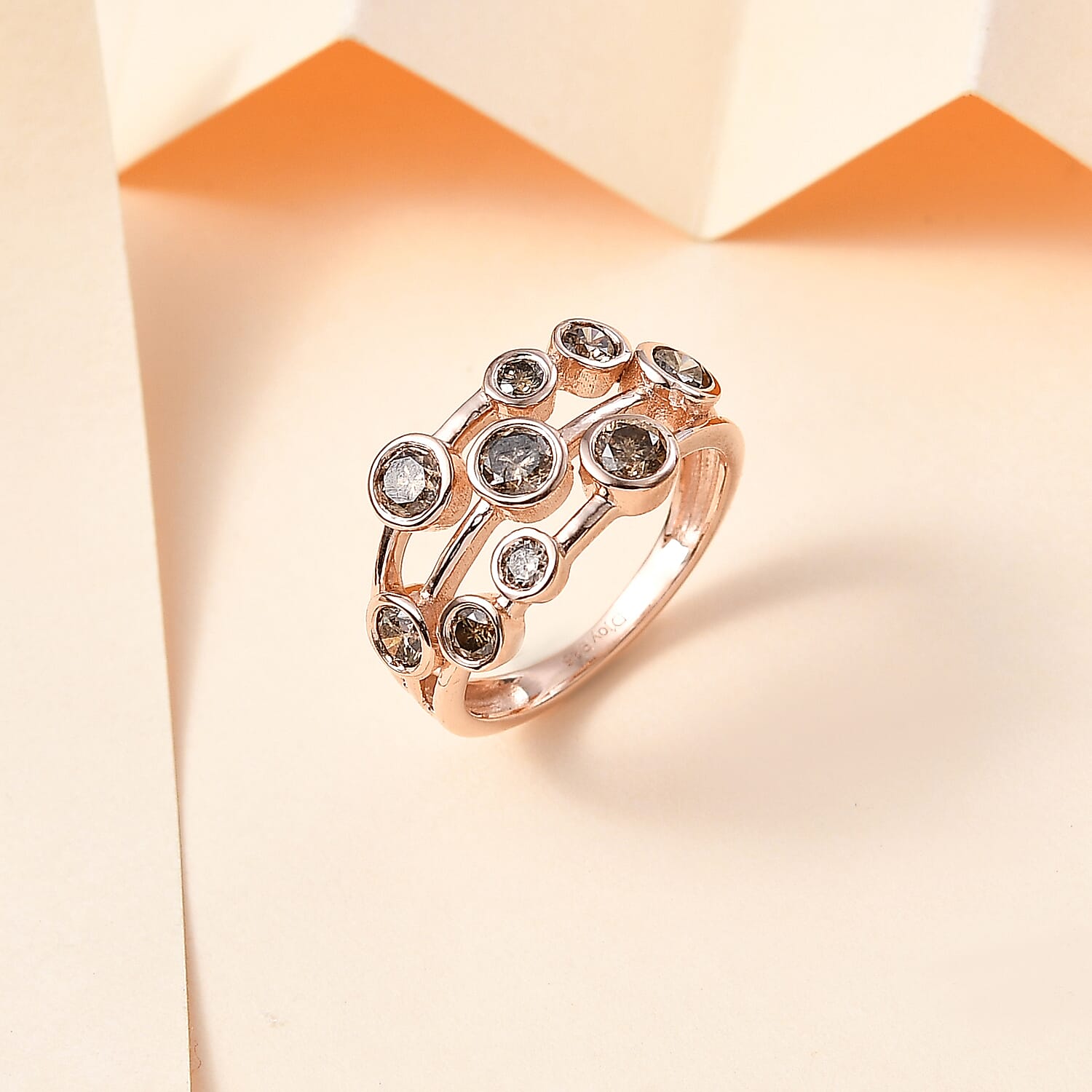 Natural Champagne Diamond Bubble Ring in Vermeil RG Over Sterling Silver (Size 10.0) 1.00 ctw