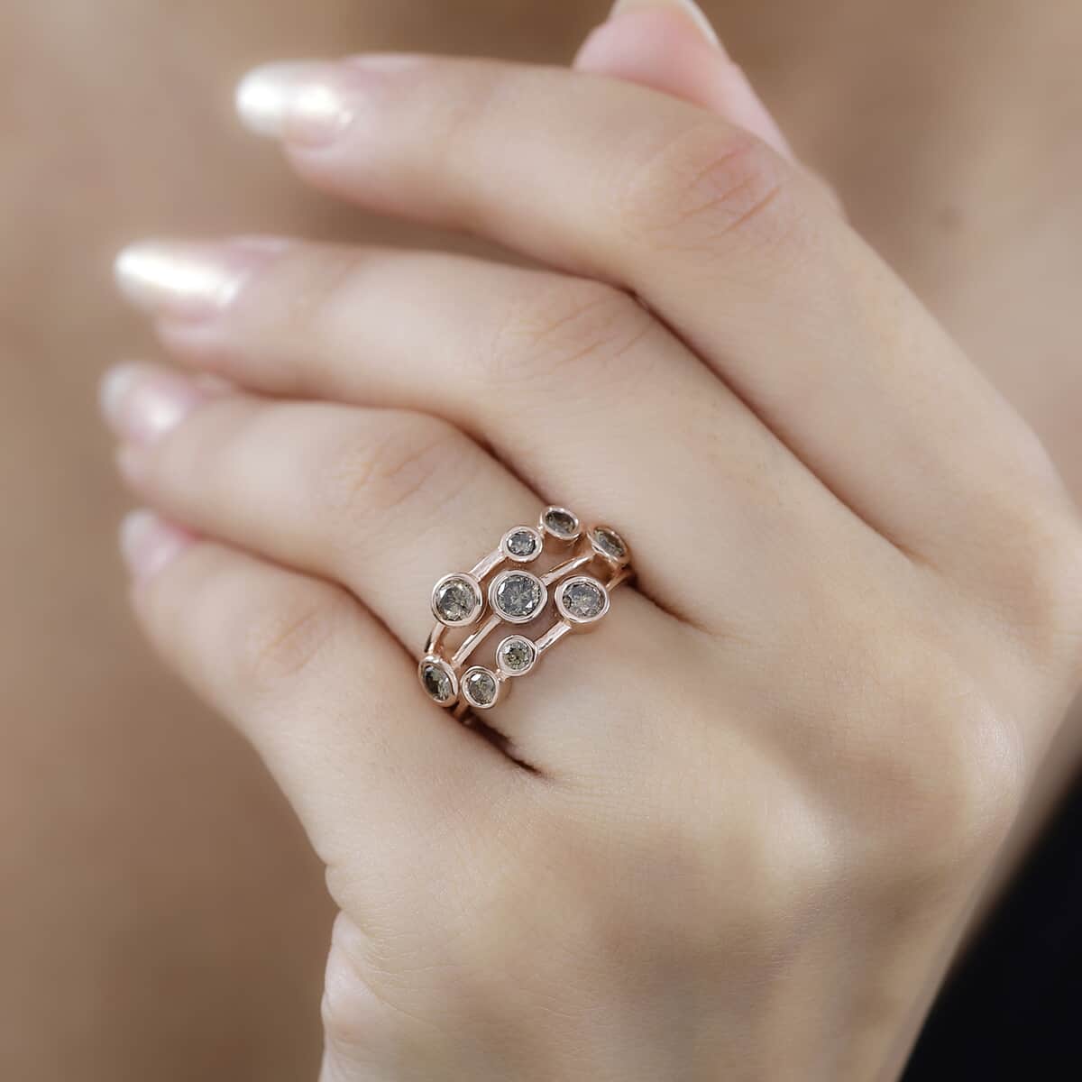 Natural Champagne Diamond Bubble Ring in Vermeil Rose Gold Over Sterling Silver (Size 10.0) 1.00 ctw image number 2