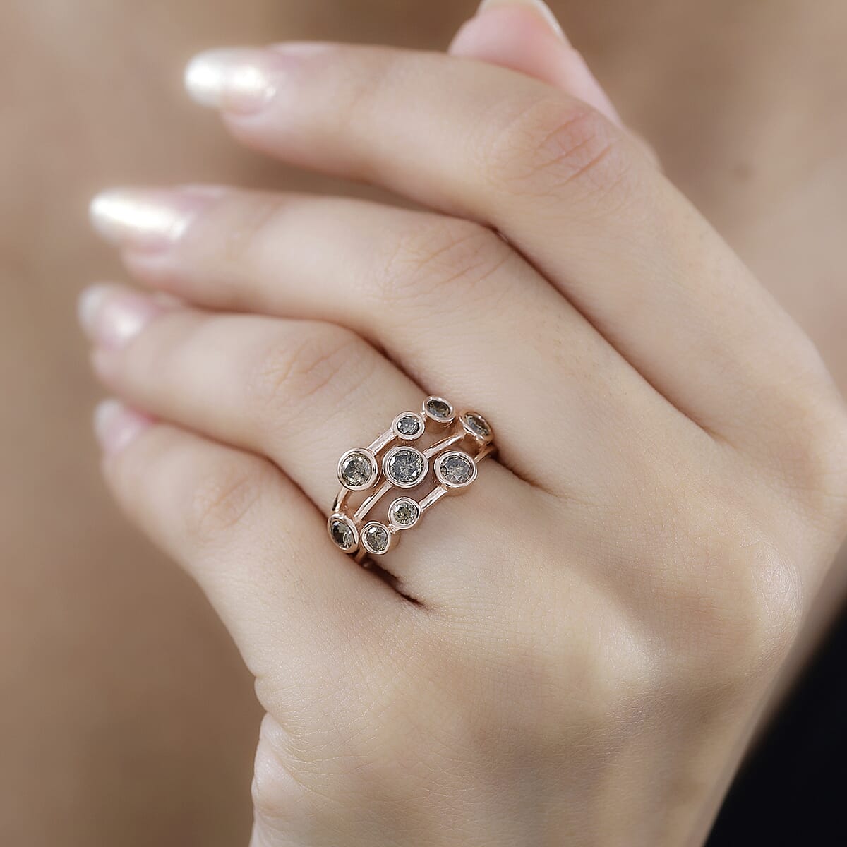 Natural Champagne Diamond Bubble Ring in Vermeil RG Over Sterling Silver (Size 10.0) 1.00 ctw image number 2