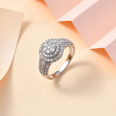 Diamond Cocktail Ring in Platinum Over Sterling Silver (Size 10.0) 1.00 ctw