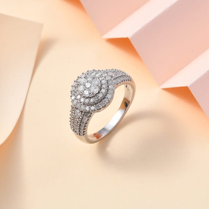 Diamond Cocktail Ring in Platinum Over Sterling Silver (Size 10.0) 1.00 ctw
