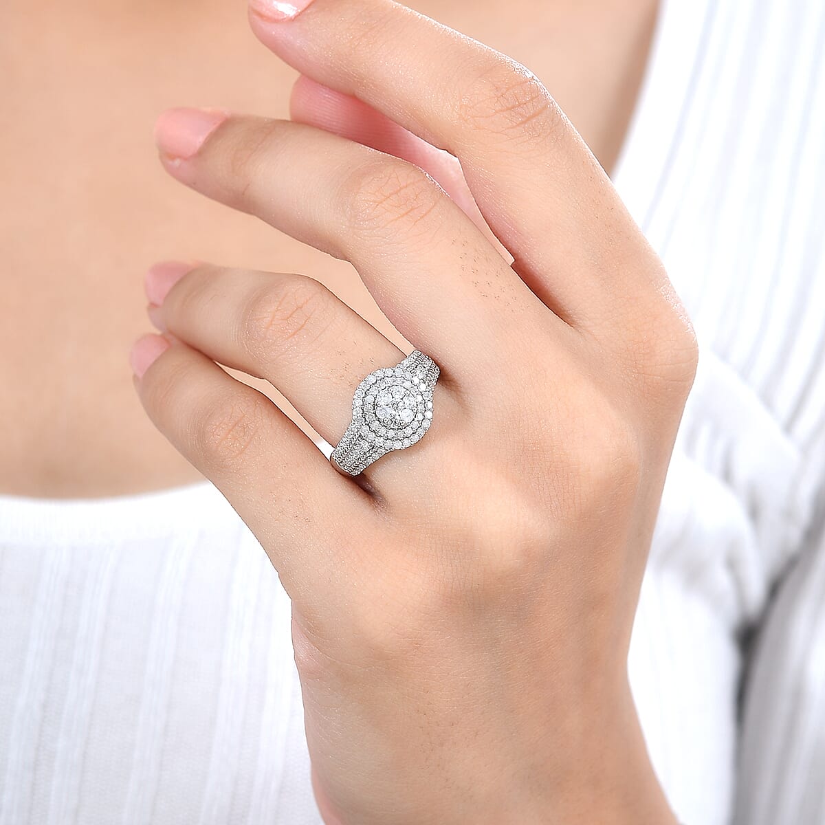 Diamond Cocktail Ring in Platinum Over Sterling Silver (Size 9.0) 1.00 ctw image number 2