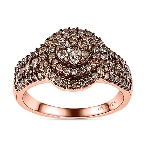 Natural Champagne Diamond Cocktail Ring in Vermeil Rose Gold Over Sterling Silver (Size 9.0) 1.00 ctw