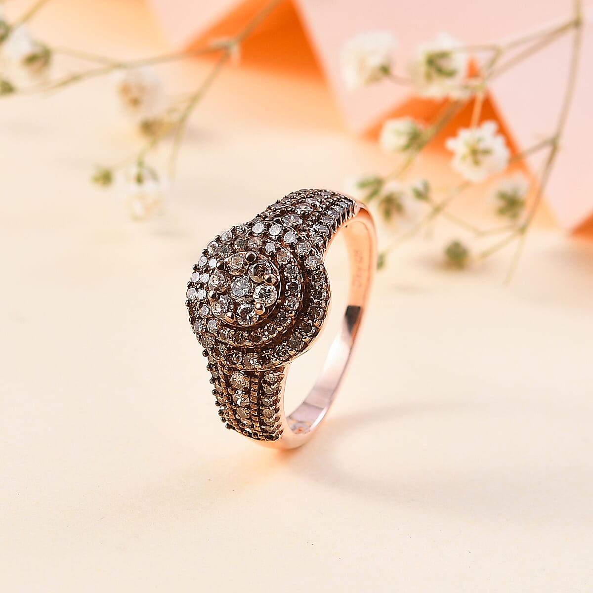 Natural Champagne Diamond Cocktail Ring in Vermeil Rose Gold Over Sterling Silver (Size 9.0) 1.00 ctw image number 1