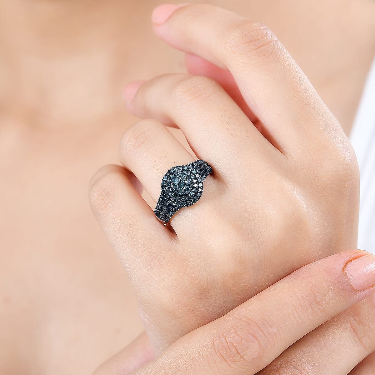 Blue Diamond Cocktail Ring in Platinum Over Sterling Silver (Size 6.0) 1.00 ctw image number 2