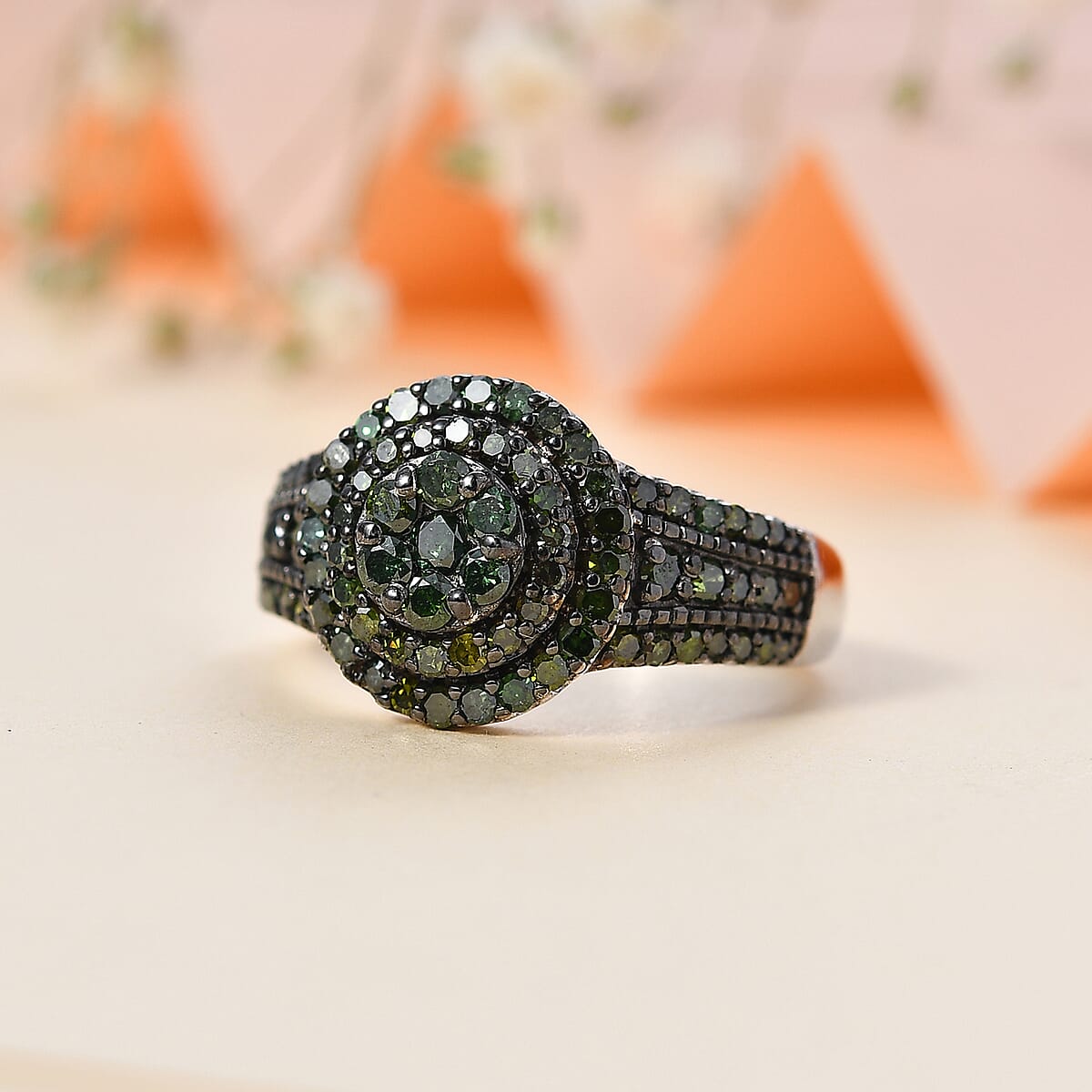 Green Diamond Cocktail Ring in Platinum Over Sterling Silver (Size 8.0) 1.00 ctw image number 1