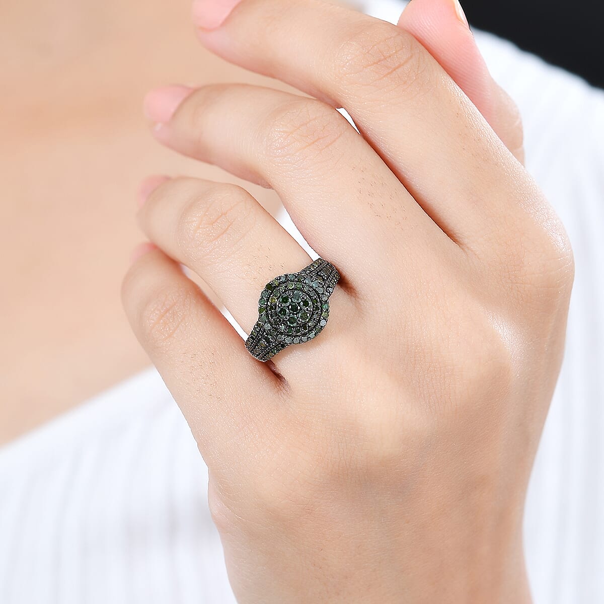 Green Diamond Cocktail Ring in Platinum Over Sterling Silver (Size 8.0) 1.00 ctw image number 2