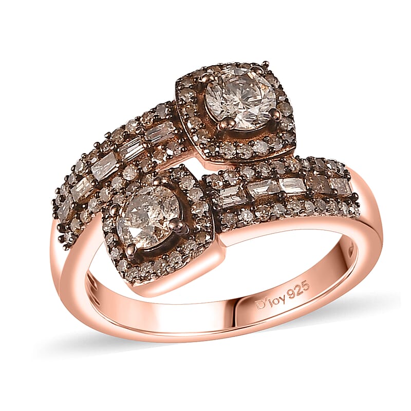 Natural Champagne Diamond Bypass Ring in Vermeil Rose Gold Over Sterling Silver (Size 10.0) 1.00 ctw