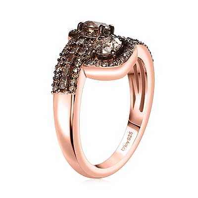 Natural Champagne Diamond Bypass Ring in Vermeil Rose Gold Over Sterling Silver (Size 10.0) 1.00 ctw