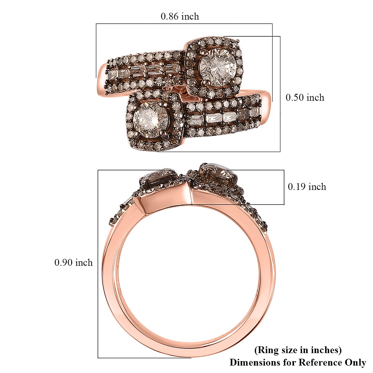 Natural Champagne Diamond Bypass Ring in Vermeil Rose Gold Over Sterling Silver (Size 10.0) 1.00 ctw