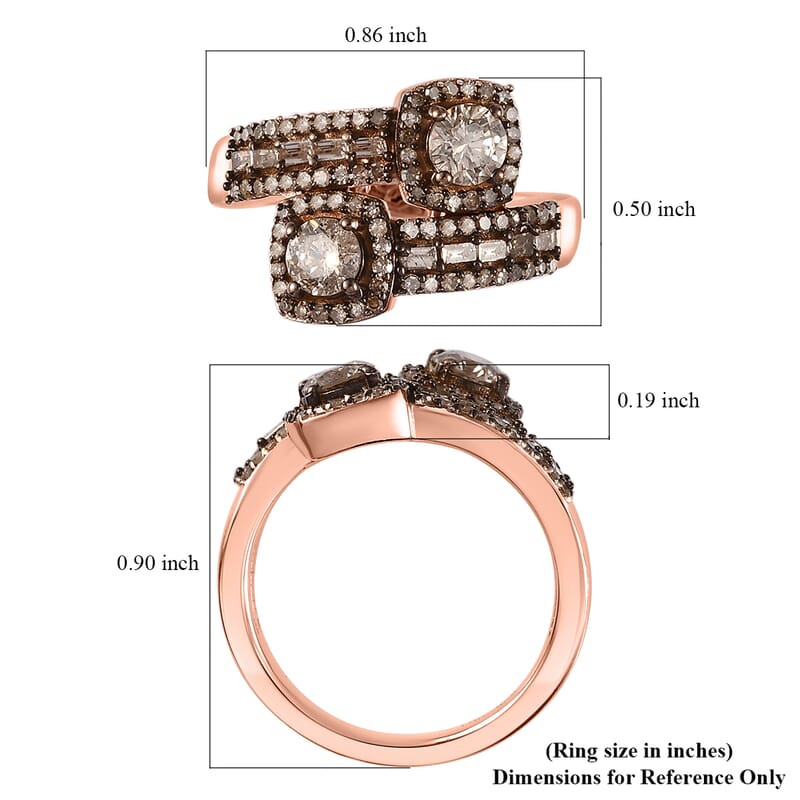Natural Champagne Diamond Bypass Ring in Vermeil Rose Gold Over Sterling Silver (Size 10.0) 1.00 ctw
