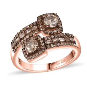 Natural Champagne Diamond Bypass Ring in Vermeil Rose Gold Over Sterling Silver (Size 6.0) 1.00 ctw