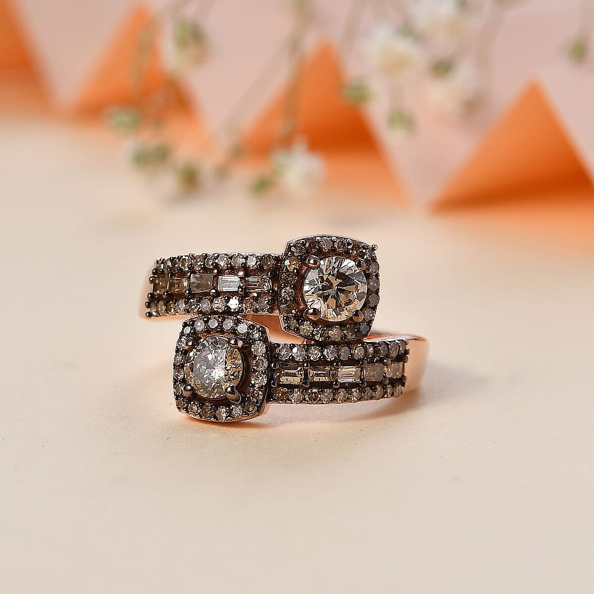 Natural Champagne Diamond Bypass Ring in Vermeil Rose Gold Over Sterling Silver (Size 8.0) 1.00 ctw image number 1