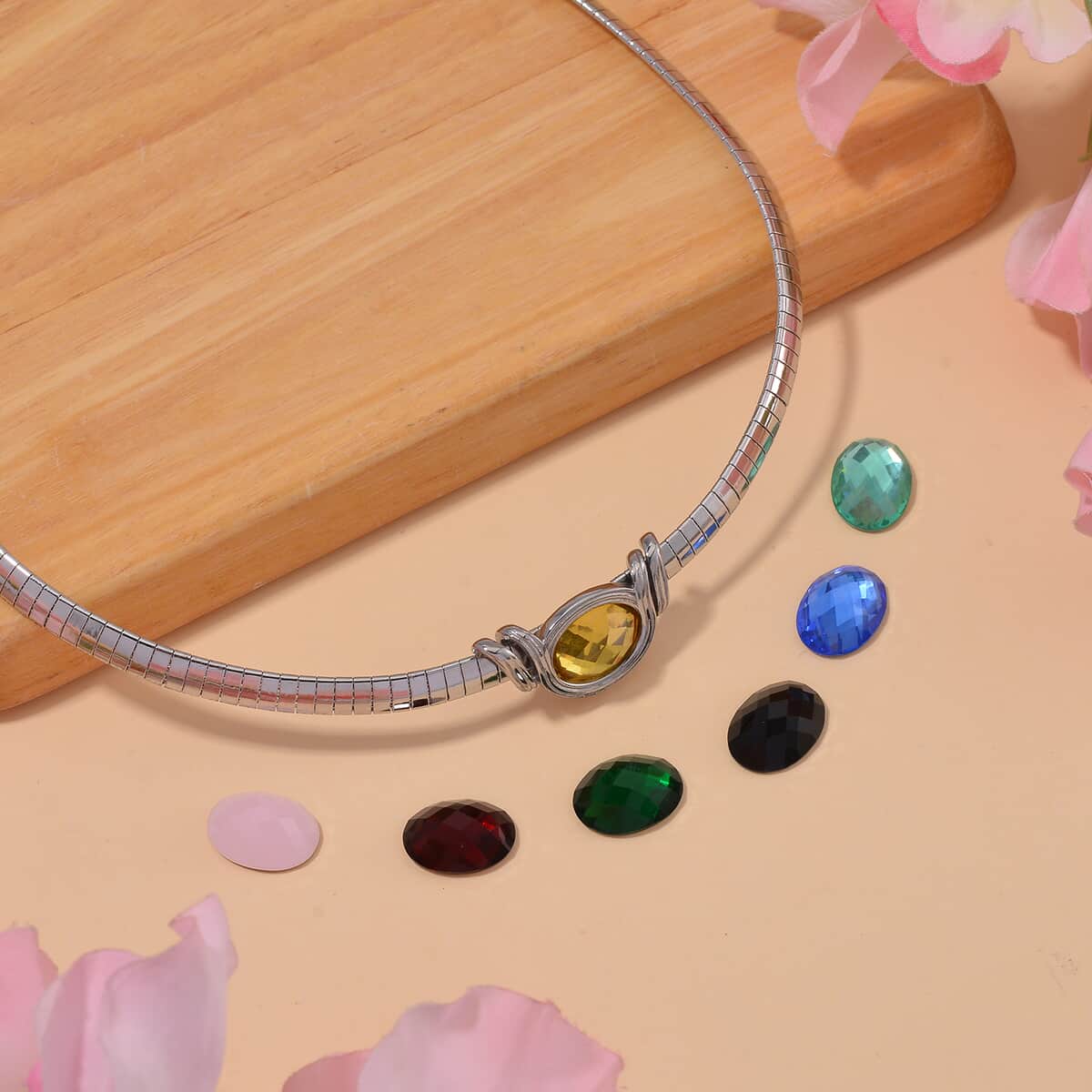 7pcs Interchangeable Simulated Multi Gemstone Omega Chain Necklace in Stainless Steel 18-20 Inches image number 1