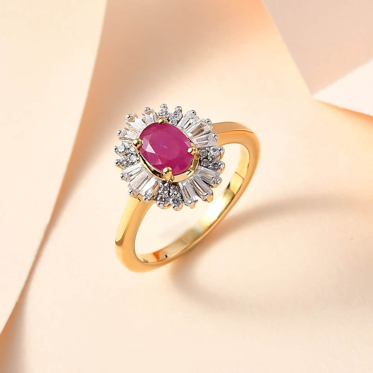 Premium Taveta Ruby, White Zircon Ballerina Ring in Vermeil YG Over Sterling Silver (Size 10.0) 1.90 ctw image number 1