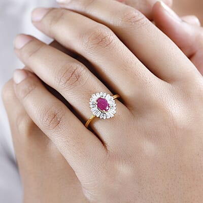 Premium Royal Ruby and White Zircon Ballerina Ring in Vermeil Yellow Gold Over Sterling Silver (Size 10.0) 1.90 ctw