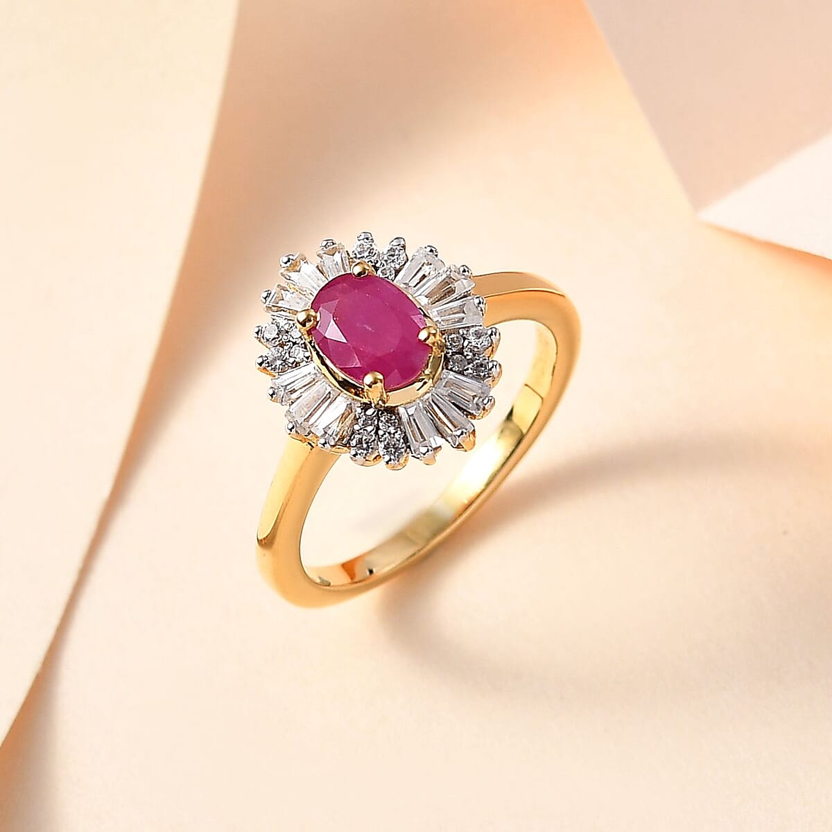 Premium Royal Ruby and White Zircon Ballerina Ring in Vermeil Yellow Gold Over Sterling Silver (Size 8.0) 1.90 ctw image number 1