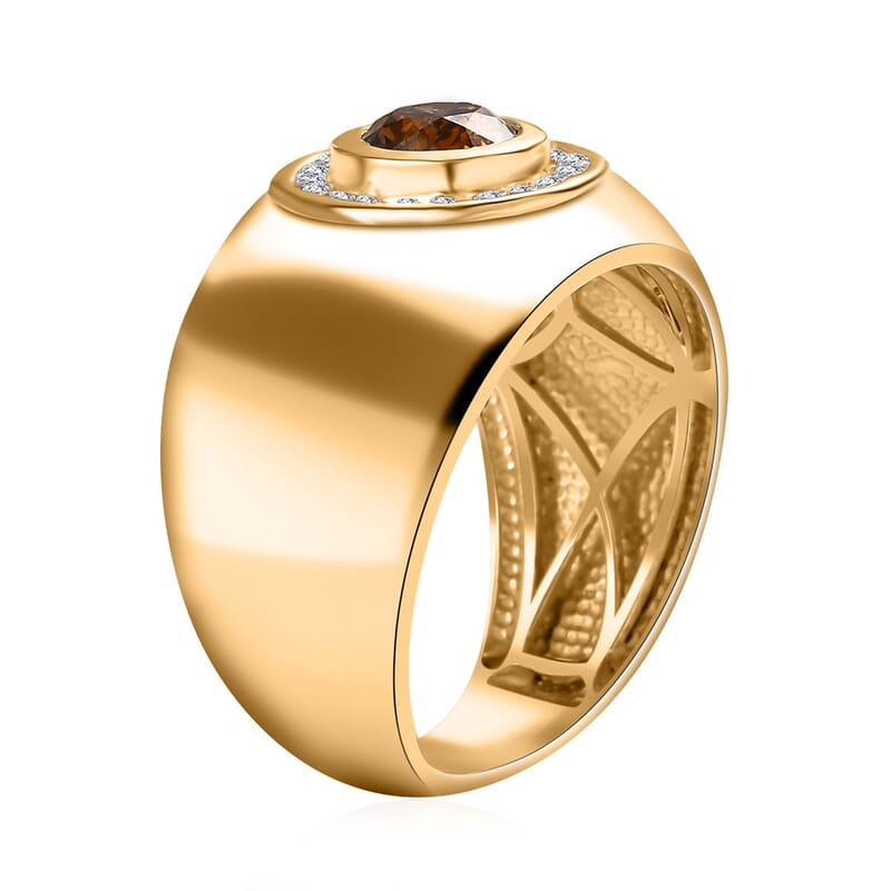 Natural Champagne and White Diamond Men's Ring in Vermeil Yellow Gold Over Sterling Silver (Size 10.0) 1.25 ctw