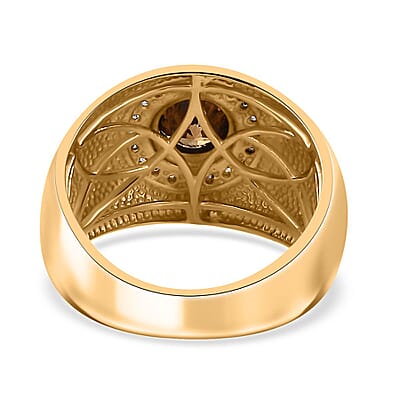 D'Joy Natural Champagne and White Diamond Men's Ring in Vermeil Yellow Gold Over Sterling Silver (Size 12.0) 1.25 ctw