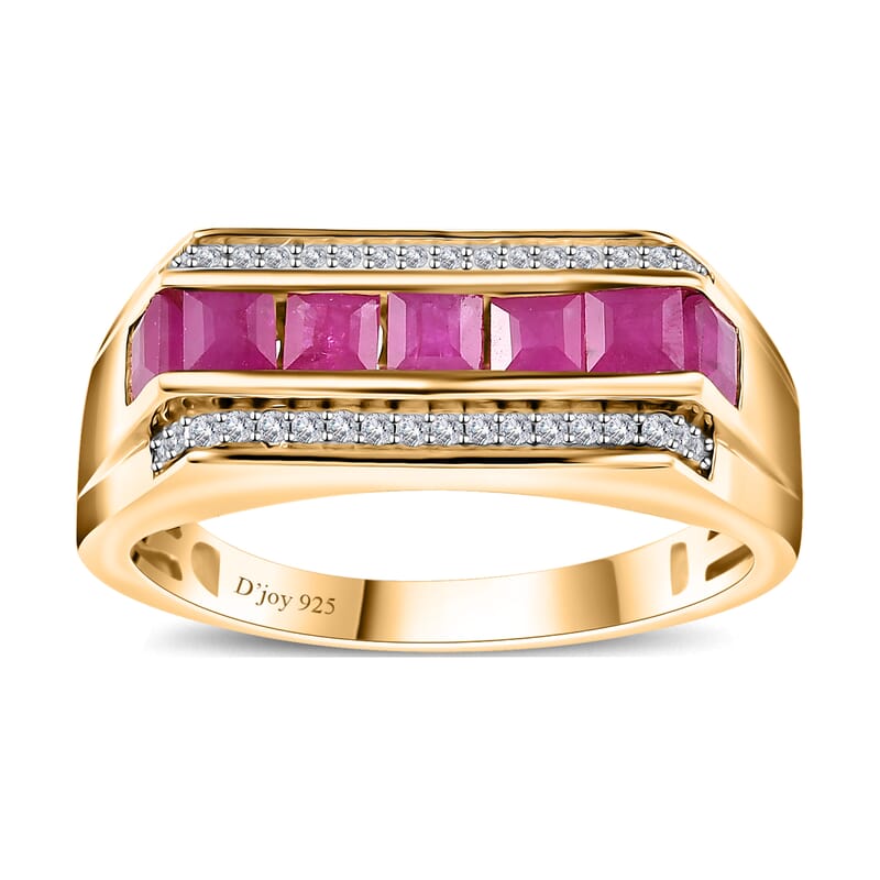 Premium Royal Ruby and White Zircon Men's Ring in Vermeil Yellow Gold Over Sterling Silver (Size 10.0) 1.85 ctw
