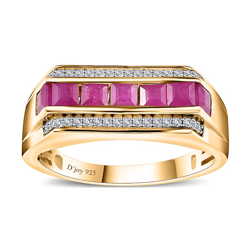 Premium Royal Ruby and White Zircon Men's Ring in Vermeil Yellow Gold Over Sterling Silver (Size 10.0) 1.85 ctw