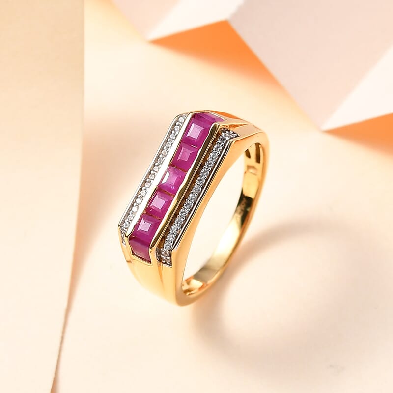 Premium Royal Ruby and White Zircon Men's Ring in Vermeil Yellow Gold Over Sterling Silver (Size 10.0) 1.85 ctw
