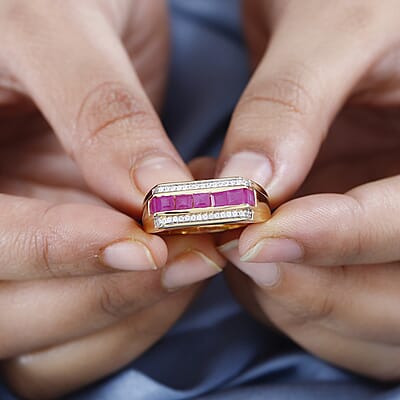 Premium Royal Ruby and White Zircon Men's Ring in Vermeil Yellow Gold Over Sterling Silver (Size 10.0) 1.85 ctw
