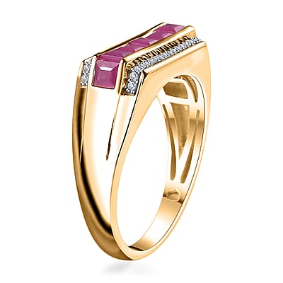 Premium Royal Ruby and White Zircon Men's Ring in Vermeil Yellow Gold Over Sterling Silver (Size 10.0) 1.85 ctw