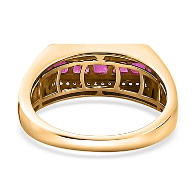 Premium Royal Ruby and White Zircon Men's Ring in Vermeil Yellow Gold Over Sterling Silver (Size 10.0) 1.85 ctw