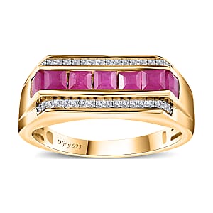 Premium Royal Ruby and White Zircon Men's Ring in Vermeil Yellow Gold Over Sterling Silver (Size 12.0) 1.85 ctw