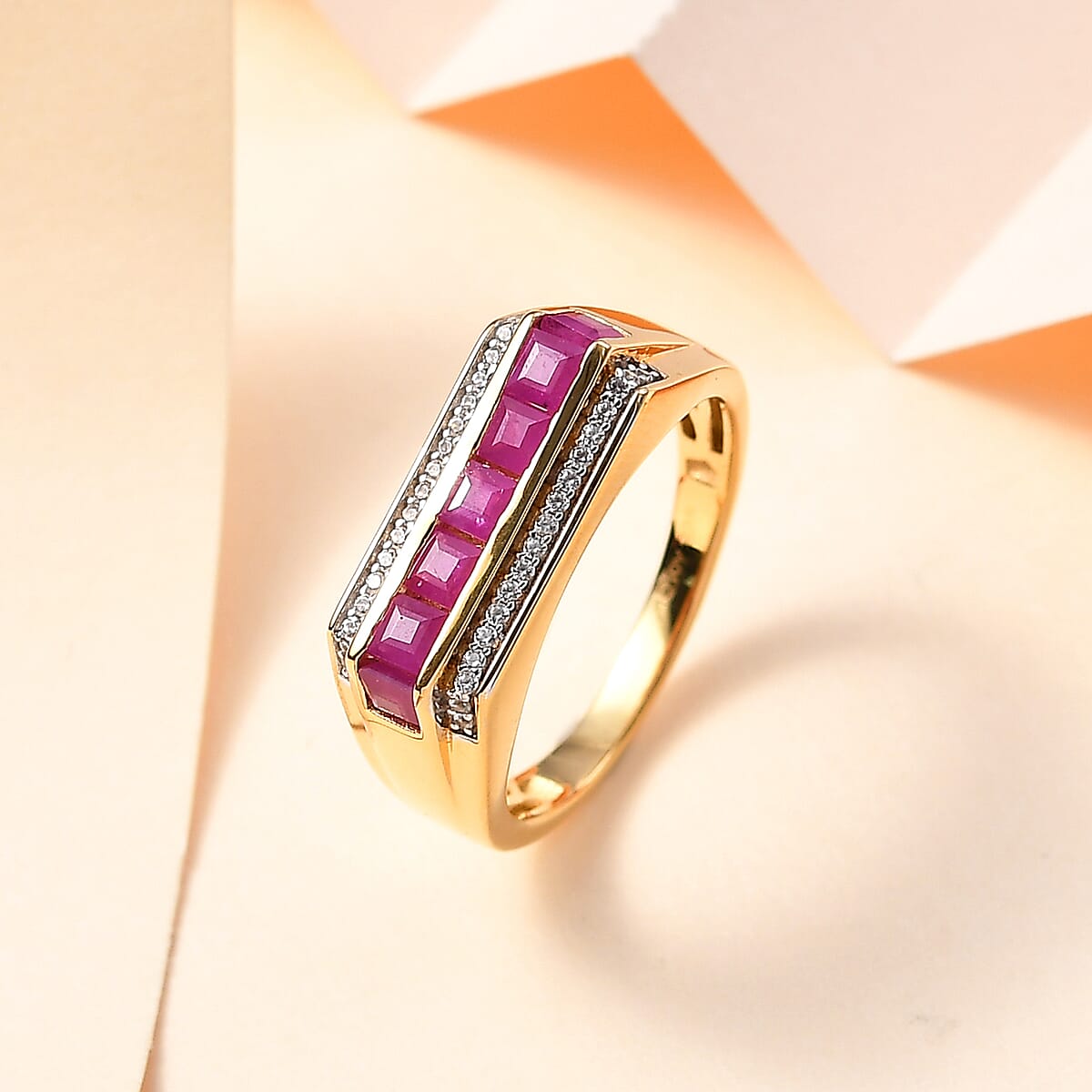 Premium Royal Ruby and White Zircon Men's Ring in Vermeil Yellow Gold Over Sterling Silver (Size 12.0) 1.85 ctw image number 1