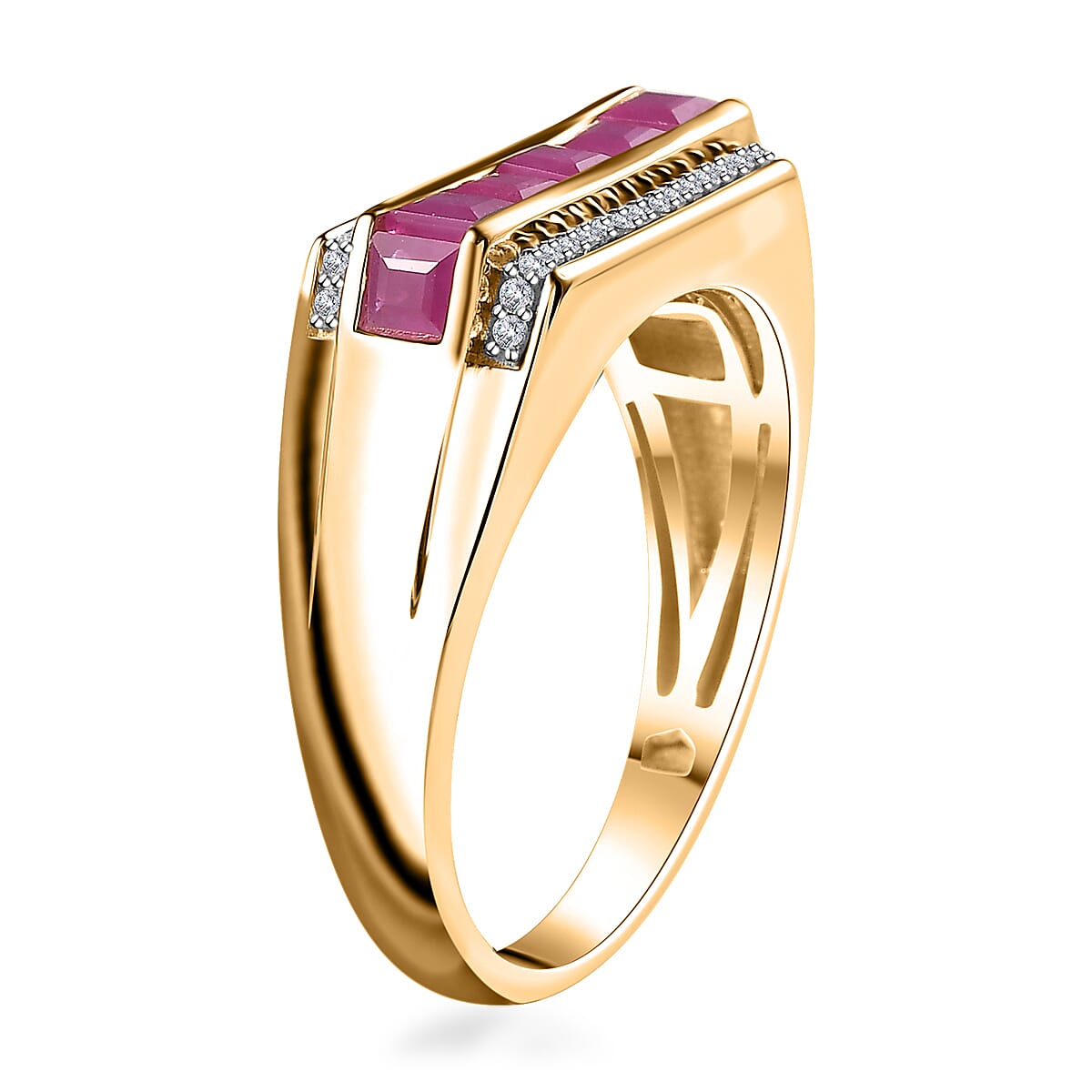 Premium Royal Ruby and White Zircon Men's Ring in Vermeil Yellow Gold Over Sterling Silver (Size 12.0) 1.85 ctw image number 3