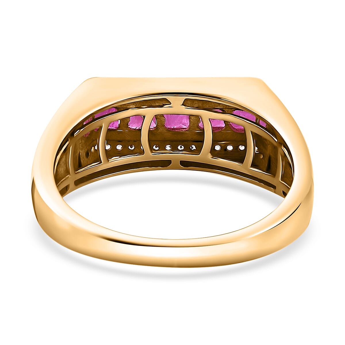 Premium Royal Ruby and White Zircon Men's Ring in Vermeil Yellow Gold Over Sterling Silver (Size 12.0) 1.85 ctw image number 4