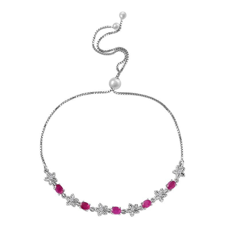 D'Joy Premium Royal Ruby and White Zircon Bolo Bracelet in Platinum Over Sterling Silver 1.50 ctw