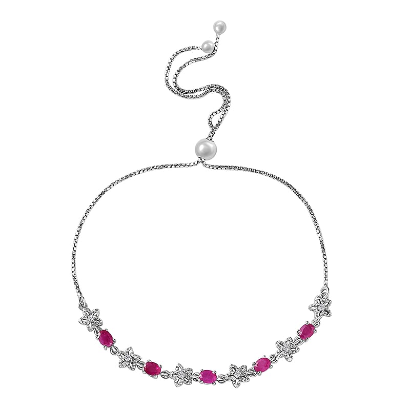 D'Joy Premium Royal Ruby and White Zircon Bolo Bracelet in Platinum Over Sterling Silver 1.50 ctw