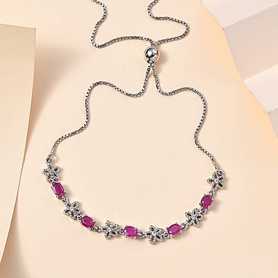 D'Joy Premium Royal Ruby and White Zircon Bolo Bracelet in Platinum Over Sterling Silver 1.50 ctw